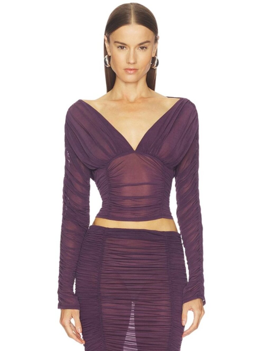 Camila Coelho SIze XS Nayeli Top Purple Ruched Chiffon Long Sleeve Sheer Blouse